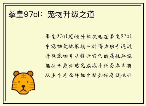 拳皇97ol：宠物升级之道