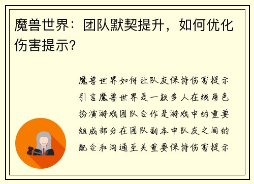 魔兽世界：团队默契提升，如何优化伤害提示？