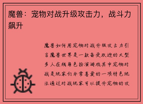 魔兽：宠物对战升级攻击力，战斗力飙升